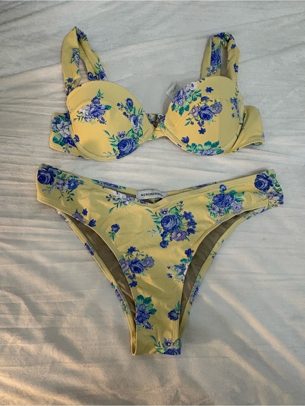 WeWoreWhat Yellow Floral Bikini Set with Blue Accents